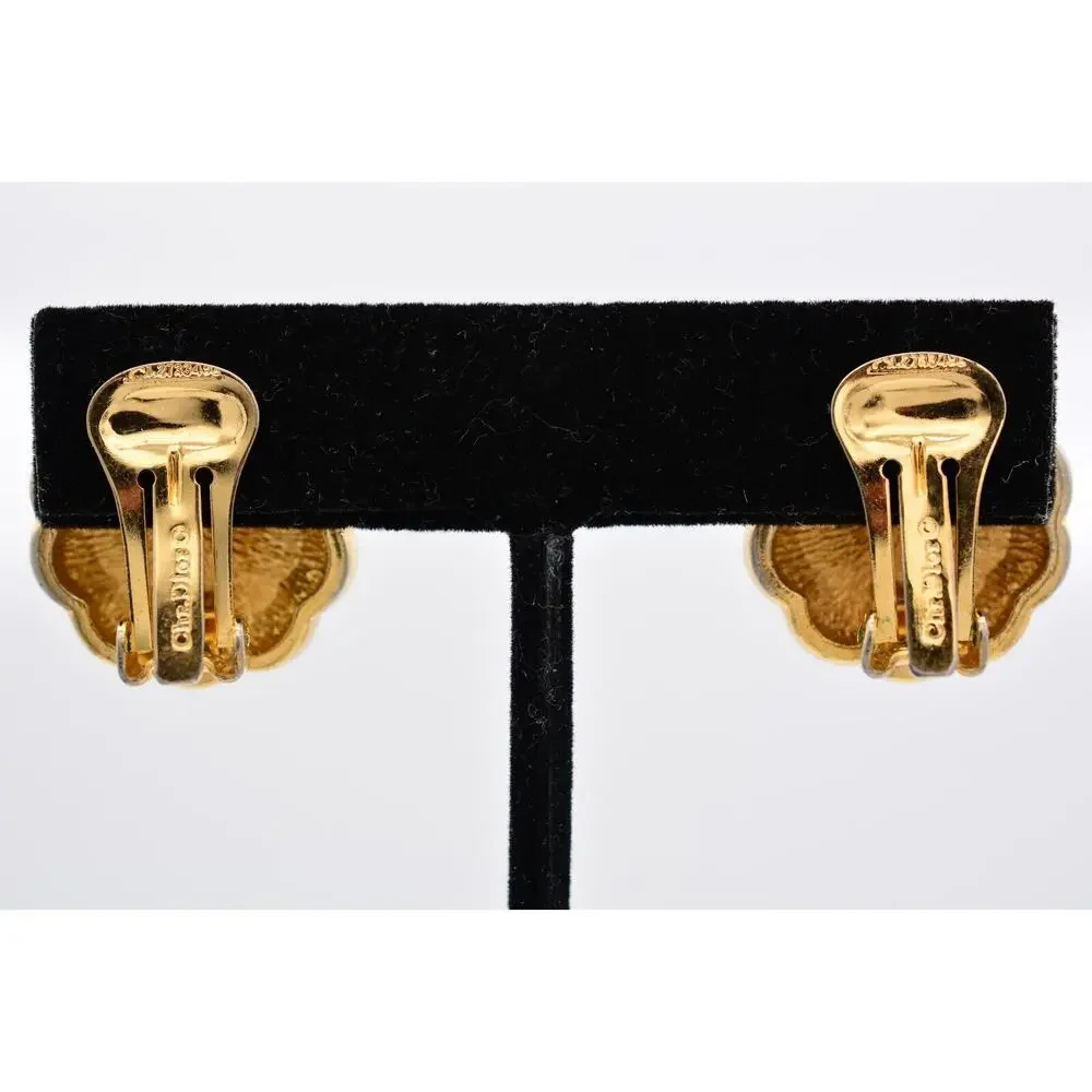 Christian Dior Vintage Clip On Earrings Frosted Glass Crystal Gold Signed BinAB